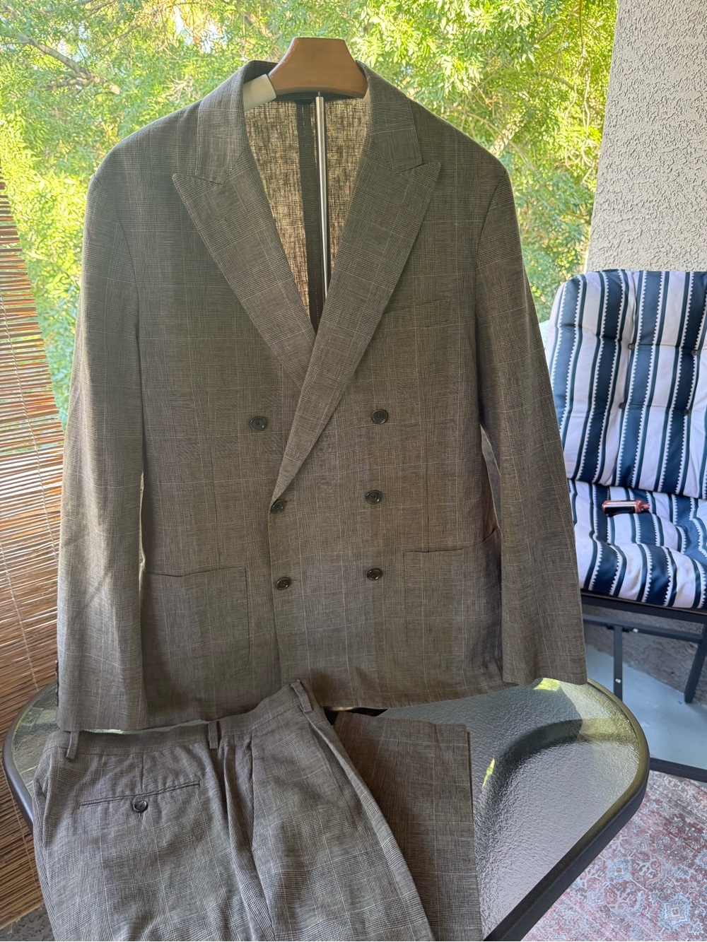 Banana Republic Double-Breasted Plaid Suit in Brown Gray